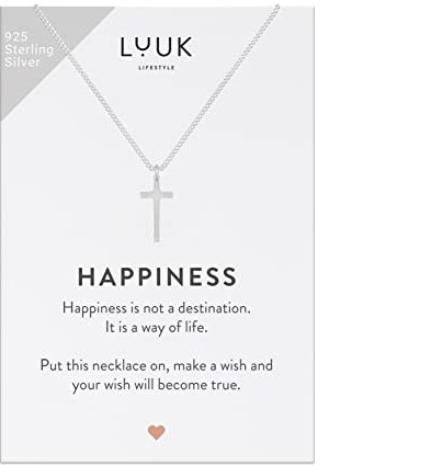 LUUK LIFESTYLE Halskette aus 925er Sterling Silber mit Kreuzanhänger und HAPPINESS Geschenkkarte, religiöser Schmuck für Frauen, Kruzifix, Geschenk für Taufe, Kommunion und kirchliche Anlässe, Silber