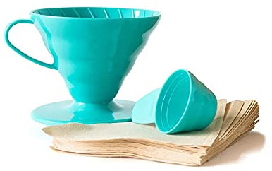 Hario V60 Teal Coffee Dripper Kit - Plastic V60 Size 02, 40 Unbleached Filter Papers & Measuring Scoop