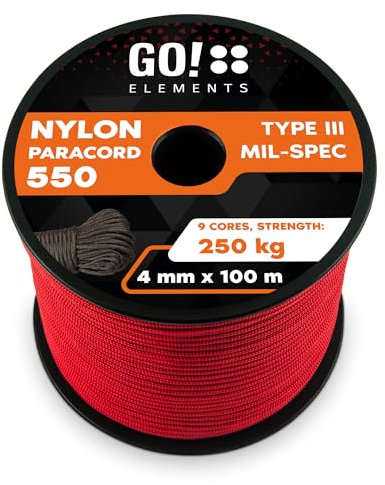 GO!elements 100m Paracord Seil aus reißfester Nylonschnur - 4mm Paracord 550 Typ III Schnur - geeignet als Allzweckseil & Reepschnur - Max. 250kg, Farbe: Rot