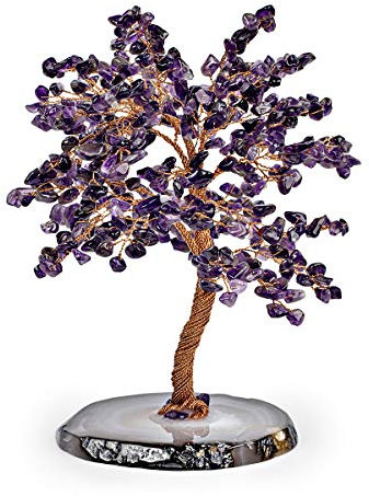 KARMA AND LUCK Oasis, echter Amethyst-Kristall, Feng Shui Baum des Lebens, Heimdekoration, umwickelt mit Kupferdraht auf Achatbasis, handgefertigt in Bali, groß, 25,4 cm