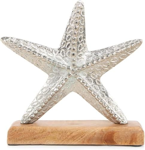 Logbuch-Verlag Seestern Figur Deko Metall & Holz Silber Maritime Deko 18 x 5 x 18 cm Meerestier Geschenk Geburtstag Sommer Urlaub