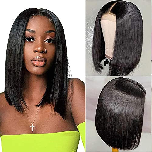 DÉBUT Echthaar Perücke Lace Front Bob Perücke 30 cm 120g Mittelscheitel 10A Brasilianisches Reines Remy Haar 150% Haardichte (30 cm, Schwarz)