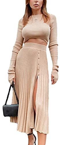 Minetom Damen Cocktail Festlich Hochzeit Party Kleid Langarm Herbst Winter Pullover Strickkleid Plissee Shirt Crop Top und Rock 2 Stücke Z3 Khaki 34