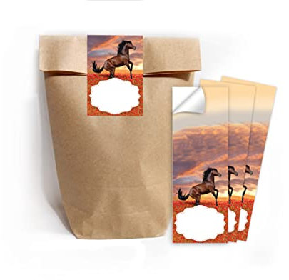 Junapack 12 Geschenktüten (Natur) + 12 Aufkleber Pferd für Mitgebsel Gastgeschenk beim Kindergeburtstag Mädchen