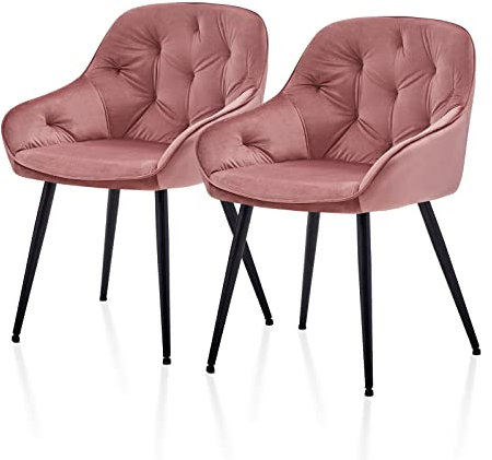 TUKAILAi Lot de 2 Chaise Salle à Manger en Velours, Chaise Cuisine Rembourrée avec Pieds Metal, Fauteuil de Table à Manger Ergonomique, Chaise Bistrot Salon Café Cuisine (Rose)
