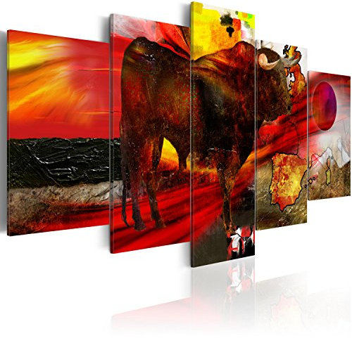 B&D XXL - Wandbilder XXL Abstrakt 150x75cm 5 tlg - Wand Deko Leinwand Bilder Groß Wanddeko Wohnzimmer Schlafzimmer Kunstdrucke - Tier Stier bunt Textur g-A-0120-b-m