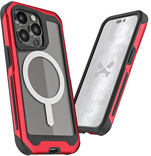 Ghostek ATOMIC slim Clear Case for iPhone 14 Pro with MagSafe Magnetic Ring Built-In Lightweight Aluminum Alloy Metal Protective Bumper Phone Cover Designed for 2022 Apple iPhone14Pro (6.1 Inch) (Red)