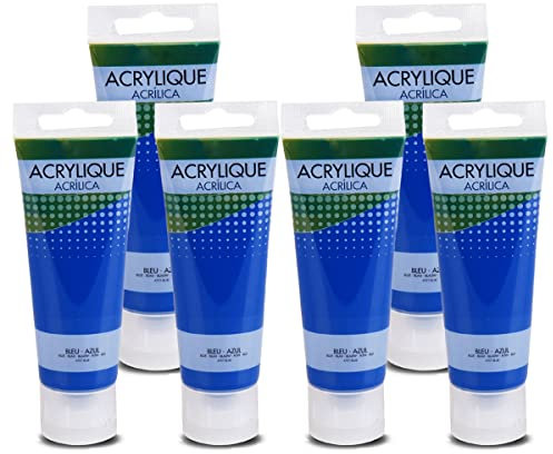 JUANIO Lot de 6 Tube de Peinture Acrylique Bleu, Tube Pigment Acrylique, Peinture pour Toiles, Papier, Bois, Loisirs, capacité 75 ML
