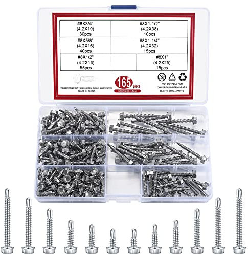 165 Pièces M4.2 Vis Autoperceuses à Tête Hexagonale, Vis Autotaraudeuses en Métal Acier Inoxydable avec Rondelle pour Tole Acier, Bride de Fixation, Matériel Construction