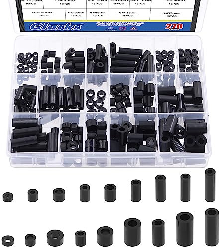 Glarks 270Pcs Nylon Round Spacer Assortment Kit for M3 M4 M5 M6 Screws, Electrical Outlet Screws Spacers, Black ABS Round Washers Hardware Spacer Bracket for Electrical Screws Switch and Receptacle