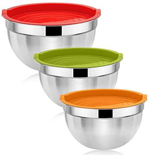 Herogo Mixing Bowl Set of 3, Stainless Steel Nesting Bowl with Multicolour Airtight Lids, Ideal for Baking Cooking Serving, Non-Toxic & Rust Free, Dishwasher Safe (4.5/2.7/1.5 QT)
