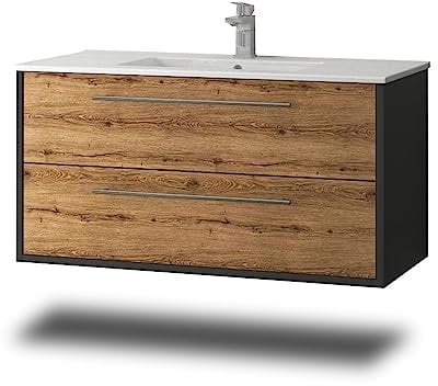 Stil.Zeit Evelia Badmöbel inkl. Waschbecken | Waschtisch mit Unterschrank 100.5 cm | Anthrazit/Dekor Eiche Sonoma| Metallgriffe/hängend