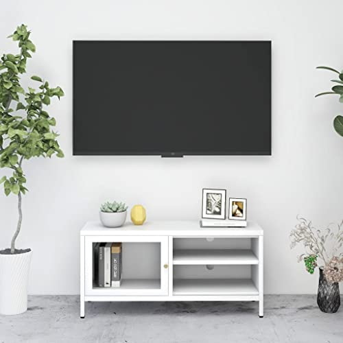 Wohnzimmer-Unterhaltungszentrum TV-Media-Konsole Medienmöbel-Konsole TV-Schrank Weiß 90x30x44 cm Stahl und Glas für Wohnzimmer, Schlafzimmer, etc