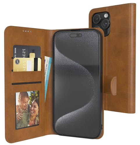 EAZY CASE - Klapphülle für iPhone 15 Pro Max Hülle klappbar mit Kameraschutz Schutzhülle Magnetverschluss Ständer Vintage Klapptasche Kartenfach Sichtfenster Foto Etui Premium Handyhülle Hell Braun