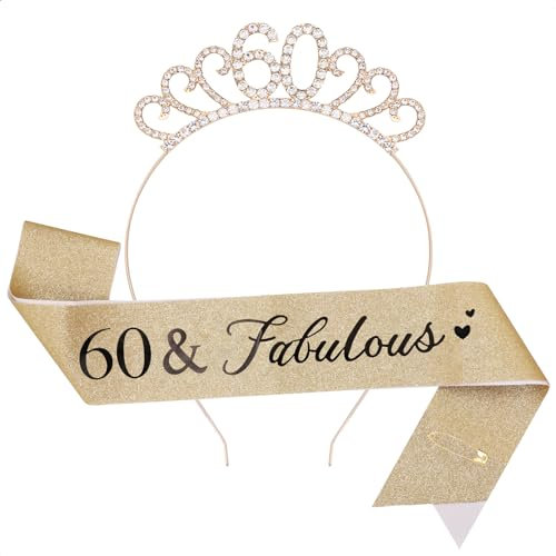 TOPWAYS 60. Geburtstag Mädchen Frauen Deko Schärpe und Tiara Kit, Geburtstag Geschenke Fabulous Sash & Headband Krone Geburtstag für 60 Geburtstag Deko Mädchen Frauen (60 Fabulous, Gold)