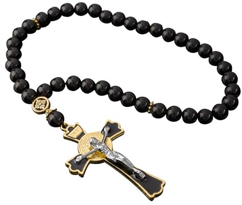RUDELL Rosenkranz für Rückspiegel, Autospiegel-Hänge-Zubehör, Auto-Anhänger, Rosenkranz, Perlen, katholisch, für Damen und Herren, Medaille, Kreuz, Heiliger Benedikt, Rosenkranz für Auto