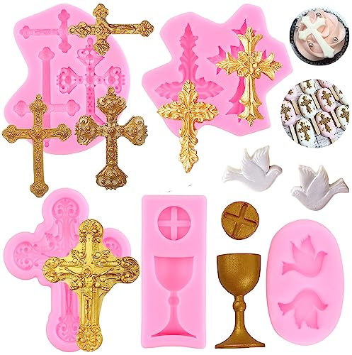 RFGHAC Kommunion Silikonformen Taufe Kreuz Fondant Form Taube Schokoladenformen Heilige Kommunion Form für Taufe Party Kuchen Dekorieren Cupcake Topper Schokolade Gummipaste Polymer Clay 5 Stück