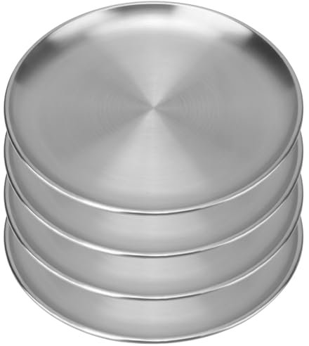 MUKCHAP 4 PCS 26cm Stainless Steel Dinner Plates, Silver Brushed Serving Plates, Metal Serving Dishes for Camping Steak Salad Snack