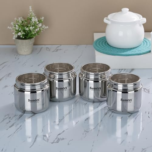 Sumeet Stainless Steel Small Canisters/Dabba/Storage Containers for Kitchen with See Through Lid, Set of 4 Pcs, 400ml Each, 9cm Dia, Silver