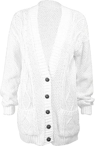 OutfitsbySMILE Women's Ladies Long Sleeve Button Top Chunky Aran Cable Knitted Grandad Cardigan White UK Size 20/22