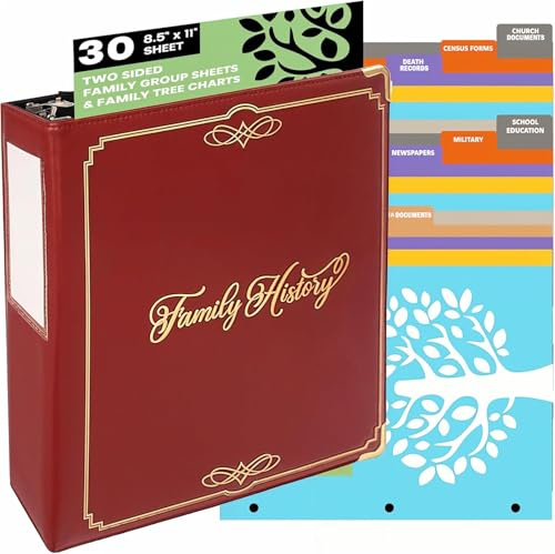 Performore Classeur d'histoire familiale, classeur à anneaux généalogiques de 7,6 cm comprenant 30 grandes feuilles de groupe familial double face, papier imprimé de 21,6 x 27,9 cm avec graphiques