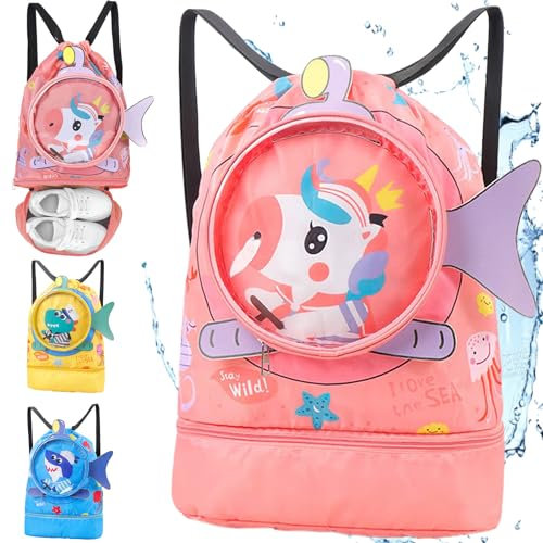 YOUYIKE Mochila con Cordón para Niños, Unicornio Mochila Piscina Impermeable Separación en Seco-Húmedo con Compartimento para Zapatos, Alta capacidad, Adecuado para niñas, Playa, Acampar