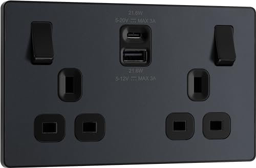 BG Electrical Double Switched Power Wall Plug Socket with Fast Charge Type A and Type C USB Charging Ports, Evolve, Matt Grey, 13A, 22W, PCDMG22UAC22B
