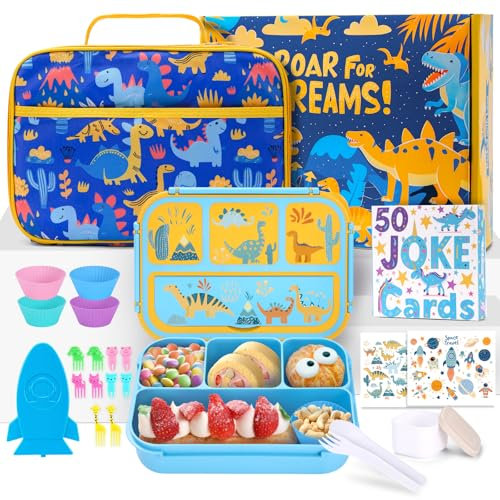 QQKO Bento-Box für Kinder mit isolierter Lunchtasche, Kinder-Kleinkind, Lunchbox-Behälter für Jungen, Schule, Dinosaurier-Lunchbox-Set mit 4 Fächern, Kühlakkus, Utensilien, Saucenbehälter,