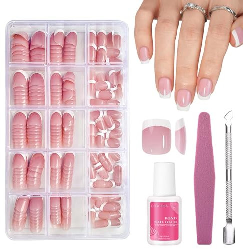 French Tip Nails - Short Pink Sets in 15 Sizes with Glue - Glossy Full Cover Acrylic False Nail Art Gifts for Women & Girls