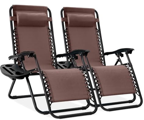 EIGFOH Tumbonas Plegables,Jardin Exterior Silla de Playa con Portavasos y Reposacabezas,Silla de Playa Ajustable para Jardín,Piscina,Terraza,Carga de 150 KG (Marrón 2 Tumbonas)