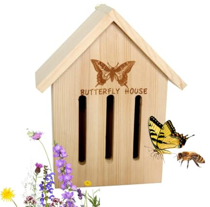 Insektenhaus Schmetterlingshaus mit Dach/Holz Natur Insektenhotel mit Boden - Ganzjährig für Insekten, Bienen, Schmetterlinge zum aufhängen (Schmetterlingshaus)