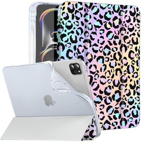 Vozehui Custodia per iPad Pro da 11 pollici (2024 M4 5a generazione) con portapenne, cover posteriore rigida con supporto magnetico rimovibile, stampa leopardata
