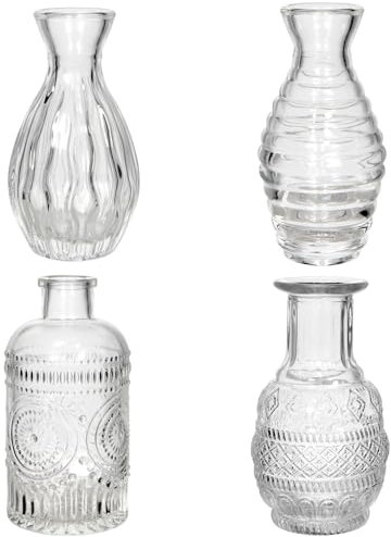 Deko Glas Kleine Vasen Set, 4 Stück Tischdeko Hochzeit, Mini Tisch Vintage Vase, Konfirmation Kleine Vasen für Tischdeko, Vintage Flaschen, Blumenvase Geburtstag, Wedding Decoration