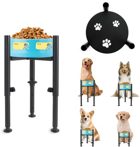 QUMENEY 1PC Elevated Paw Print Dog Bowl Stand 4 Adjustable Height 6-10Wide Bowls Single Raised Dogs Bowls Holder + Name Sticker Pet Feeding Stand for Small Medium Large Dogs (Black)