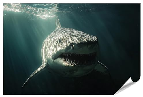 islandburner XXL Bild Poster Großer Weißer Hai schwimmt im Meereslicht Premium Bilder Fotodruck