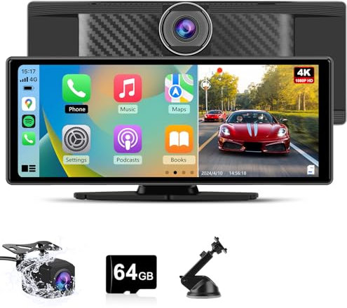 Hexinex CarPlay Schermo con Auto, 10.26 Pollici Wireless CarPlay Android Auto con Dash Cam 4K e Telecamera per la retromarcia 1080P e Scheda Micro SD da 64 GB