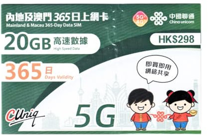 Cina e Macao Dati Prepagati Annuale SIM Card (20GB, 365 Giorni) 5G/4G Ad Alta Velocità Pronto all'uso SIM | Pronto all'uso per i viaggi di lavoro | Condivisione hotspot | GuangZhou ShangHai Pechino