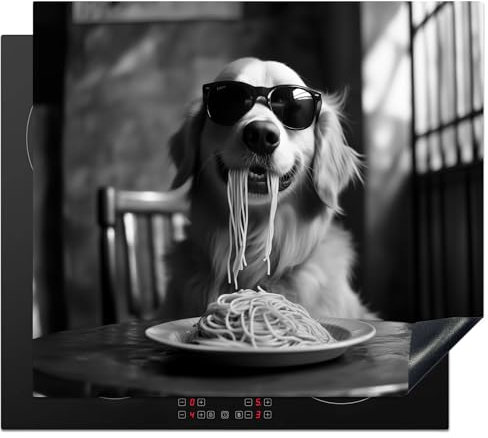 KitchenYeah© Herdabdeckplatte 60x52 cm Einteilig Induktionsmatte Küche Abdeckung Ceranfeld Herd Abdeckplatte Deko Vinyl Matte Aufrollbar Golden Retriever - Hund - Spaghetti - Schwarz - Weiß