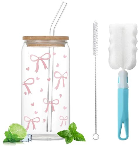 Gobelet en Verre avec Couvercle et Paille,16 oz Verre Canette,Verre Bubble Tea,Tasses à Café Glac,Verre Canette avec Couvercle et Paille,Bubble Tea Cup,Verres à Cocktail,pour Eau,Café,Cocktail,Soda