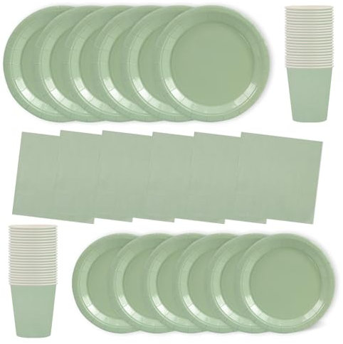 64Pcs Sage Green Paper Plates,Solid Color Disposable Party Tableware Set Include Plates Napkins and Cups Dessert Plates for Thanksgiving Day Halloween Wedding Table Decorations