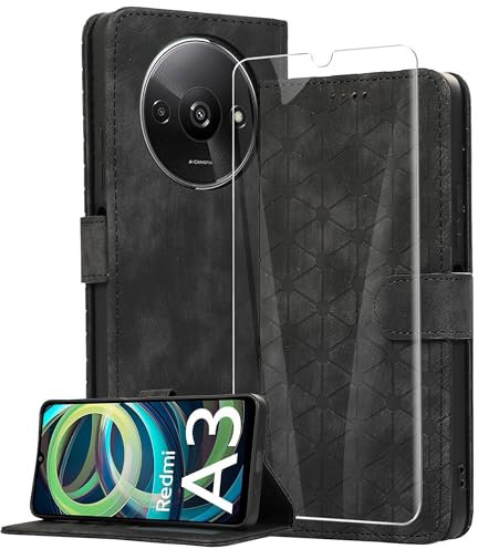 binandteam Coque pour Xiaomi Redmi A3 4G avec Verre Trempé,Housse en Cuir PU Porte Carte Portefeuille, Etui de Protection à Rabat Magnétique,Pochette Fermeture Anti-Choc - Noir