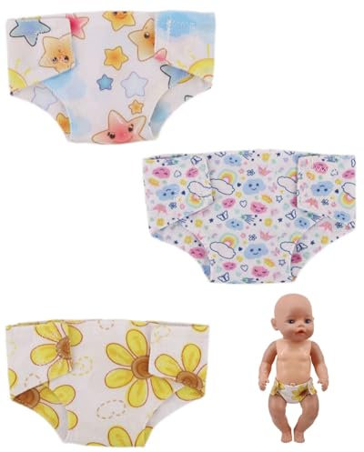 KEMUZ Puppenwindeln Stoff 3er Set für American Girl Doll - Weiche Baumwollunterwäsche mit Blumen, Wolken & Sternen Design - Wiederverwendbar & Waschbar