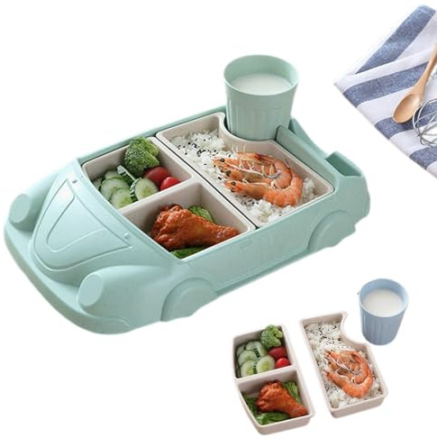 Ensemble d'assiettes en forme de voiture pour cuisine et table à manger, plateau en fibre plastique pour garçons et filles avec assiettes séparées, couverts, tasse à eau (vert clair)