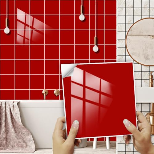 Hixingo Piastrelle Adesive Cucina Bagno Tinta Unita 20 Pezzi Mattonelle Adesive Cucina Piastrelle Bagno Adesivi PVC Pannelli Decorativi per Mobili e Pareti (Rosso,20x20cm)