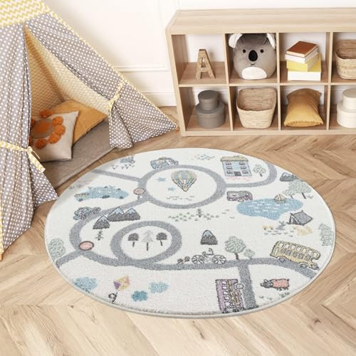 carpet city Teppich Kinderzimmer 120 cm Rund - Kinderteppich Creme, Blau - Auto, Straßen - Spielteppich Kinder - Babyzimmer Deko