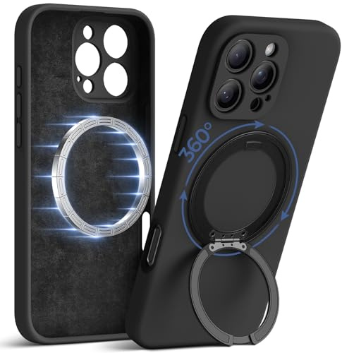 GUAGUA Liquid Silicone for iPhone 16 Pro Case with 360 Spin Magnetic Ring Stand (Compatible with MagSafe) [Camera & Military Drop Protection] Protective Non-Slip for iPhone 16 Pro Phone Case, Black