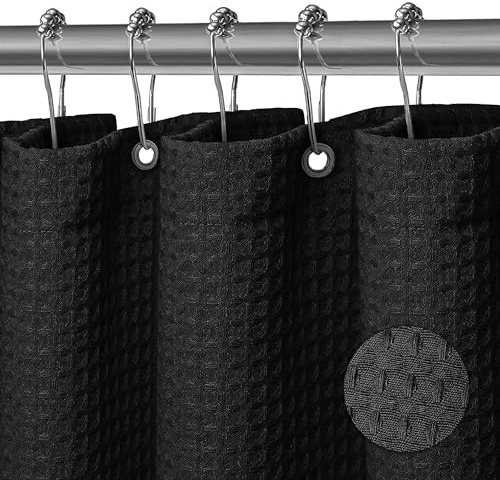 KAIMEIYU Tenda Doccia in Poliestere Waffle Tenda da Bagno in Tessuto Lavabile in Lavatrice con 12 Metallo Anelli Impermeabile 180X200CM Nero