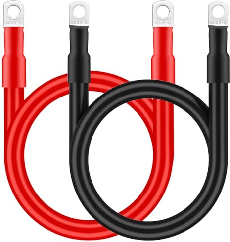 QWORK® 2 Pièces câbles de Batterie M8x50cm, câble en cuivre 35mm², Cable électrique 12V avec cosses à Anneau, pour Voiture, Moto et Plus