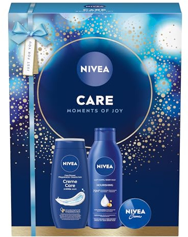 NIVEA Care Moments of Joy - Set de regalo para mujer con leche corporal, gel de ducha y crema, regalo para mujer, regalo
