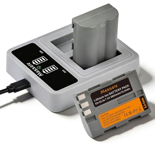 Massate 2 Pack 2600mAh High Capacity EN-EL3e Battery + LED PD20W Fast Charger—Full Power 2.5Hrs, EN-EL3e Battery for Nikon D50 D70 D70s D80 D90 D100 D200 D300 D300S D700 Digital SLR Cameras